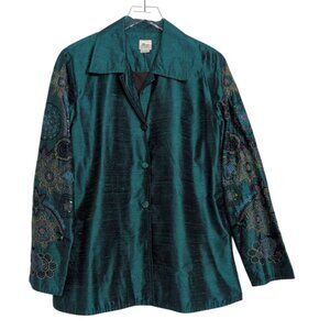 Norm Thompson Embroidered Floral Silk Jacket Womens Size Large Green Lightweight